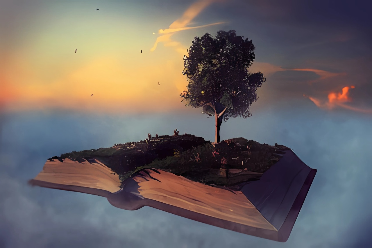 Tree growing from an open book sitting on clouds, against a sunset sky