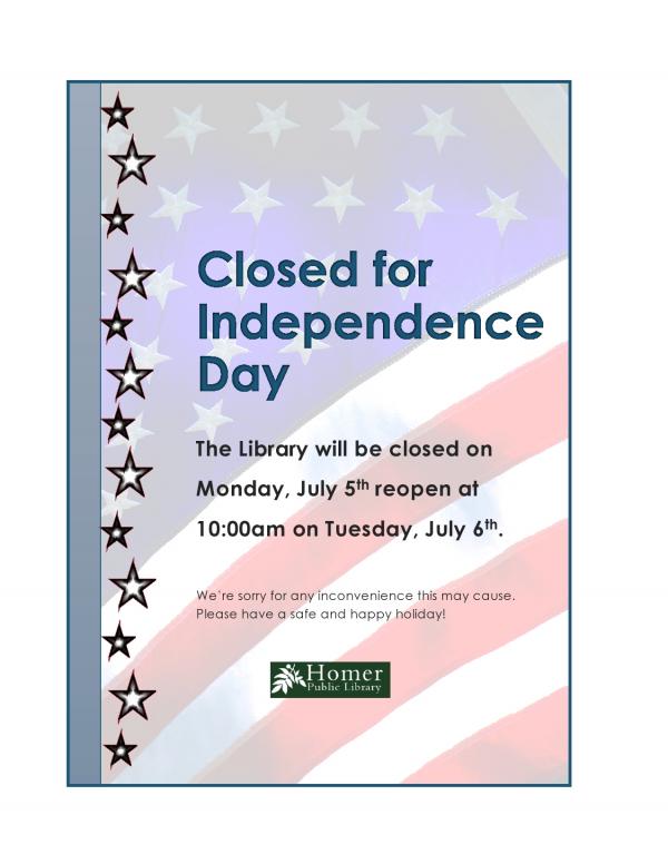 Library closed Monday, July 5th for Independence Day. Will reopen Tuesday, July 6th