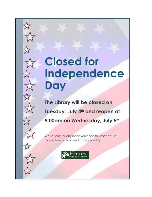 Closed for Independence Day - The Library will be closed on Tuesday, July 4th and reopen at 9am on Wednesday, July 5th.