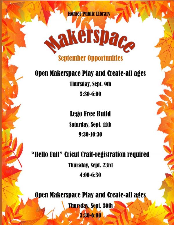 Open Makerspace Play and Create - All ages, Thursday, Sept. 9th & 30th 3:30pm-6pm