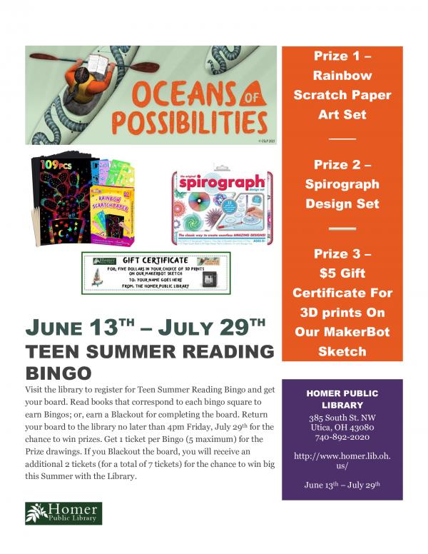 Teen Summer Reading Bingo - June 13th - July 29th