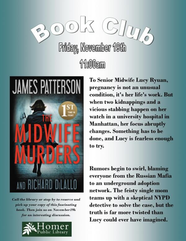 Book Club, "The Midwife Murders" by James Patterson, Friday, November 19th at 11am