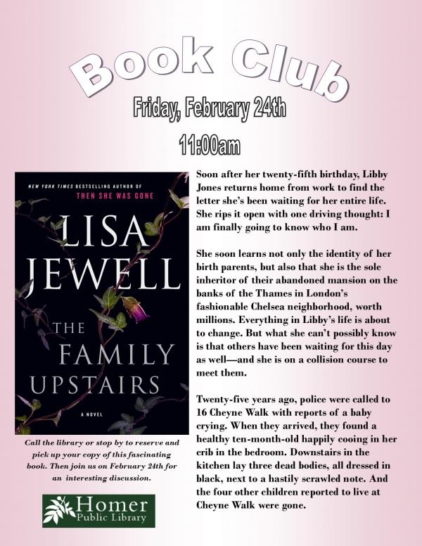 Book Club, "The Family Upstairs" by Lisa Jewell - Friday, February 24th at 11am