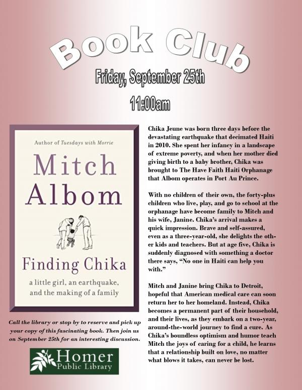 Book Club, "Finding Chika" by Mitch Albom, Friday, September 25th at 11am