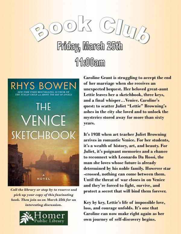 Book Club, "The Venice Sketchbook" by Rhys Bowen - Friday, March 25th at 11am