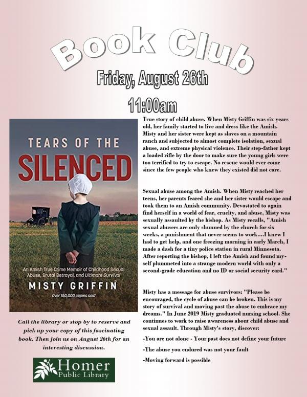 Book Club, "Tears of the Silenced: An Amish True Crime of Childhood Sexual Abuse, Brutal Betrayal, and Ultimate Survival" by Misty Griffin - Friday, August 26th at 11am
