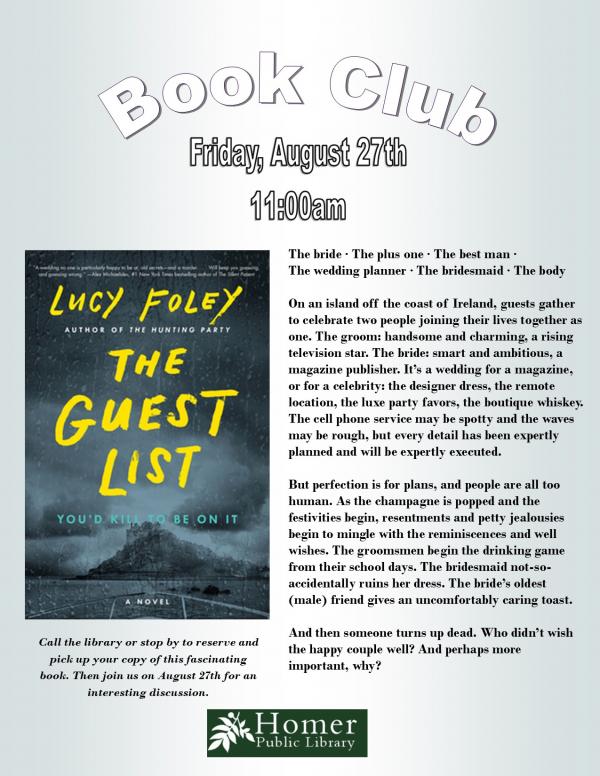 Book Club, "The Guest List" by Lucy Foley, Friday, August 27th at 11am