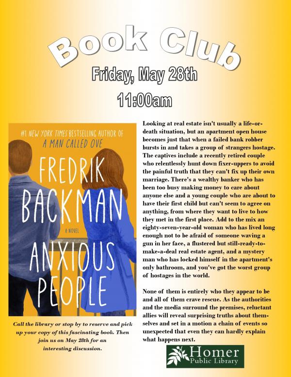Book Club Anxious People By Fredrik Backman Homer Public Library