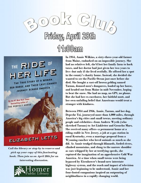 Book Club, "The Ride of Her Life" by Elizabeth Letts - Friday, April 28th at 11am