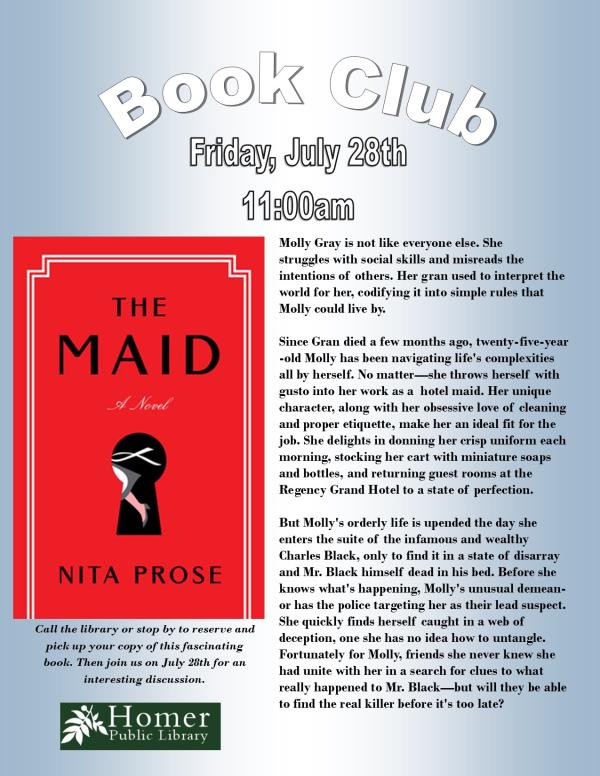 Book Club, "The Maid" by Nita Prose - Friday, July 28th at 11am