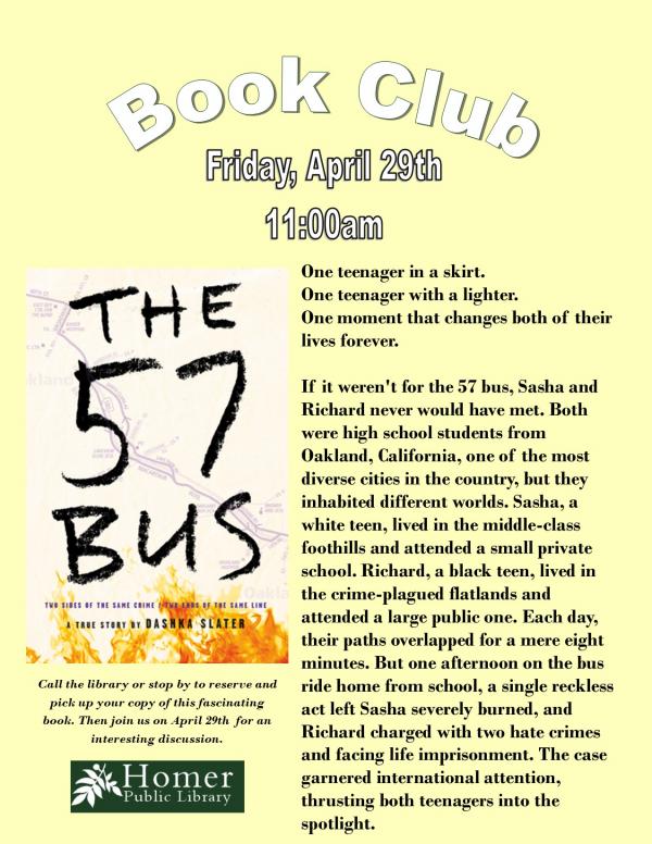 Book Club, "The 57 Bus" by Dashka Slater - Friday, April 29th at 11am