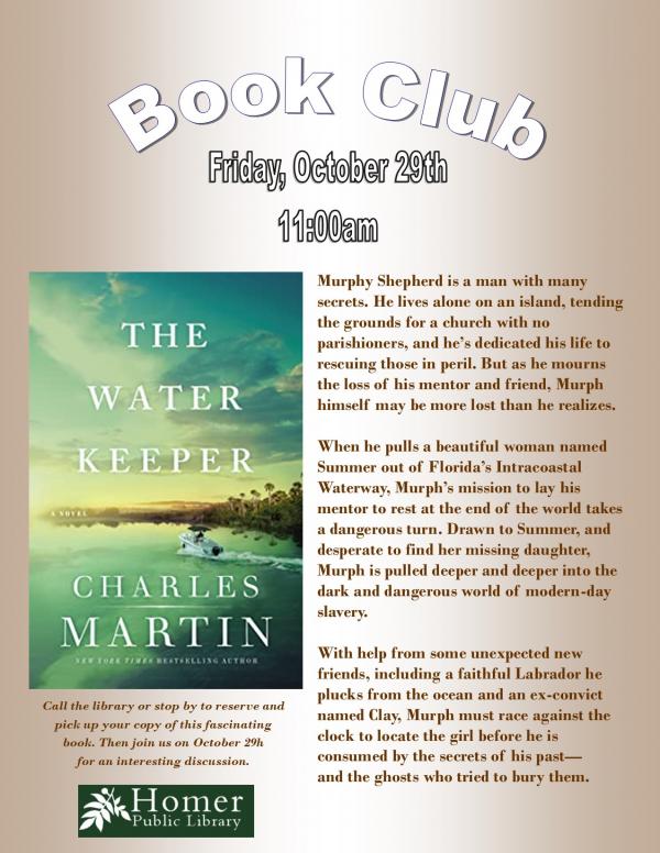 Book Club, "The Water Keeper" by Charles Martin, Friday October 29th at 11am
