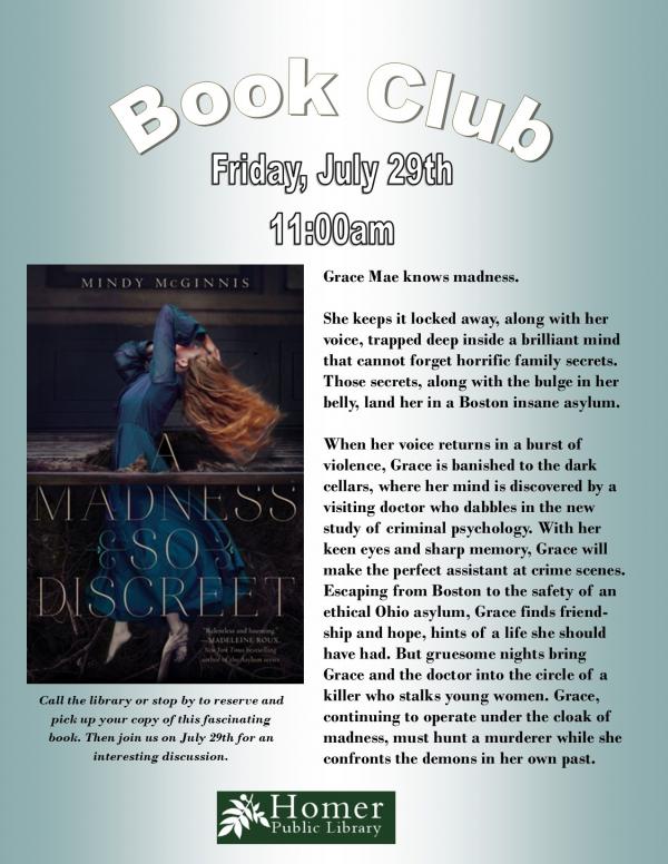 Book Club, "A Madness So Discreet" by Mindy McGinnis - Friday, July 29th at 11am