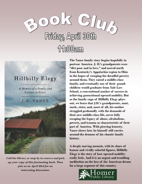 Book Club, "Hillbilly Elegy" by J.D. Vance, Friday, April 30th, 11am