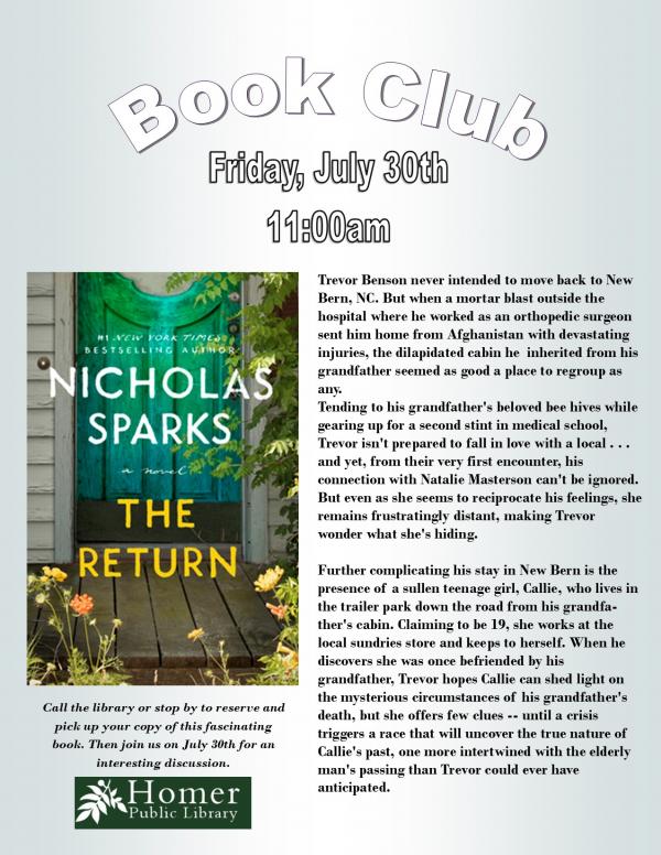 Book Club, "The Return" by Nicholas Sparks - Friday, July 30th at 11am