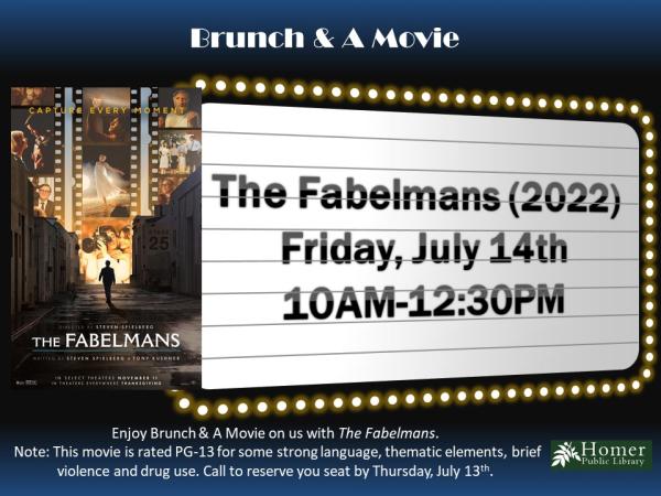 Brunch & A Movie - Friday, July 14th at 10am-12:30pm. Enjoy Brunch & A Movie on us with Women Talking (2022). Note: This movie is rated PG-13 strong language, thematic elements, brief violence, and drug use. Registration required.