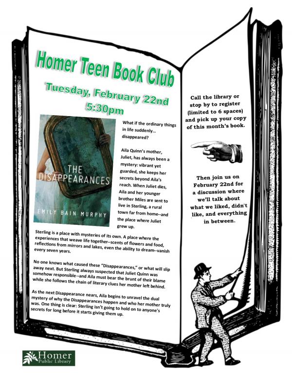 Homer Teen Book Club, "The Disappearances" by Emily Bain Murphy, Tuesday, February 22nd at 5:30pm