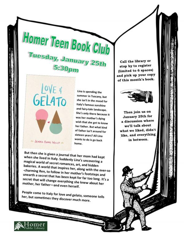 Homer Teen Book Club, "Love & Gelato" by Jenna Evans Welch, Tuesday, January 25th at 5:30pm