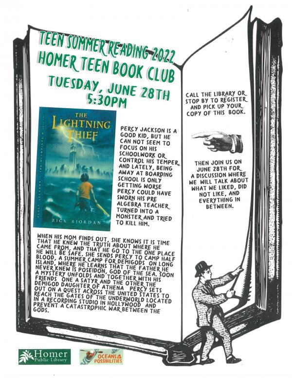 Teen Summer Reading - Homer Teen Book Club - The Lightning Thief (Percy Jackson and the Olympians #1) by Rick Riordan - Tuesday, June 28th at 5:30pm
