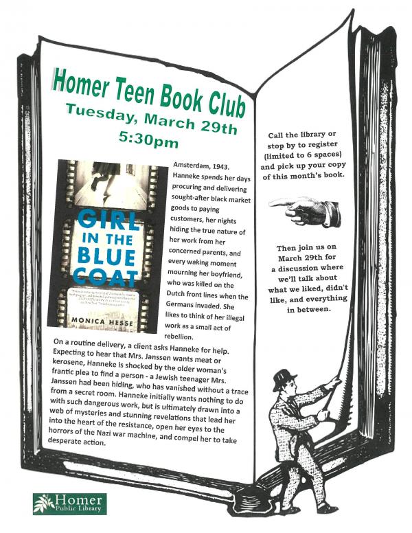 Homer Teen Book Club, "Girl in the Blue Coat" by Monica Hesse, Tuesday, March 29th at 5:30pm