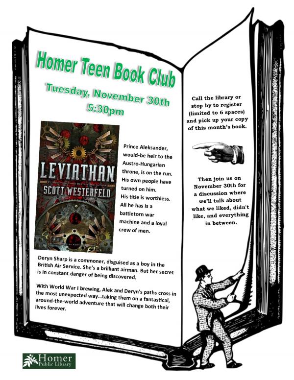 Homer Teen Book Club, "Leviathan" by Scott Westerfeld, Tuesday, November 30th at 5:30pm