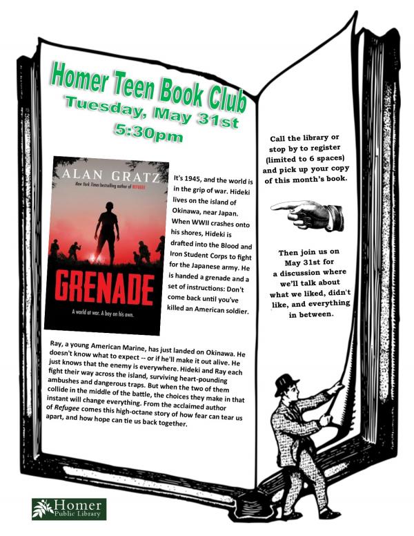 Homer Teen Book Club, "Grenade" by Alan Gratz - Tuesday, May 31st at 5:30pm