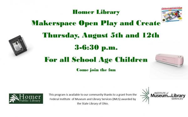 Makerspace Open Play & Create, For All School Age Children, Thursday August 5th and 12th, 3pm-6:30pm
