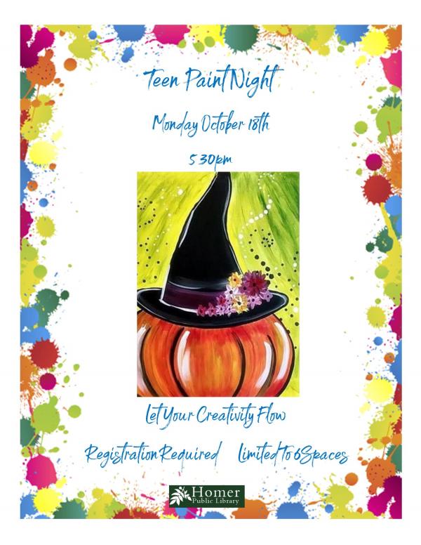 Teen Paint Night (In Person) - Monday, October 18th at 5:30pm, Let Your Creativity Flow, Registration Required - Limited to 6 Spaces.