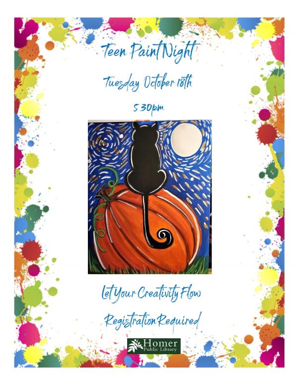 Teen Paint Night - Black Cat on a Pumpkin - Tuesday, October 18th at 5:30pm