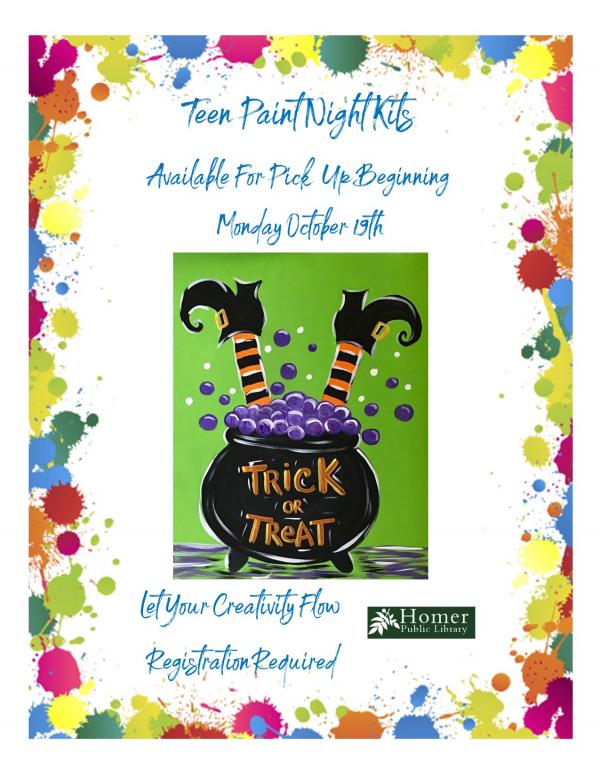 Teen Paint Night Kits, Available for pickup beginning Monday, October 19th, Registration required, Trick Or Treat Witch's Cauldron