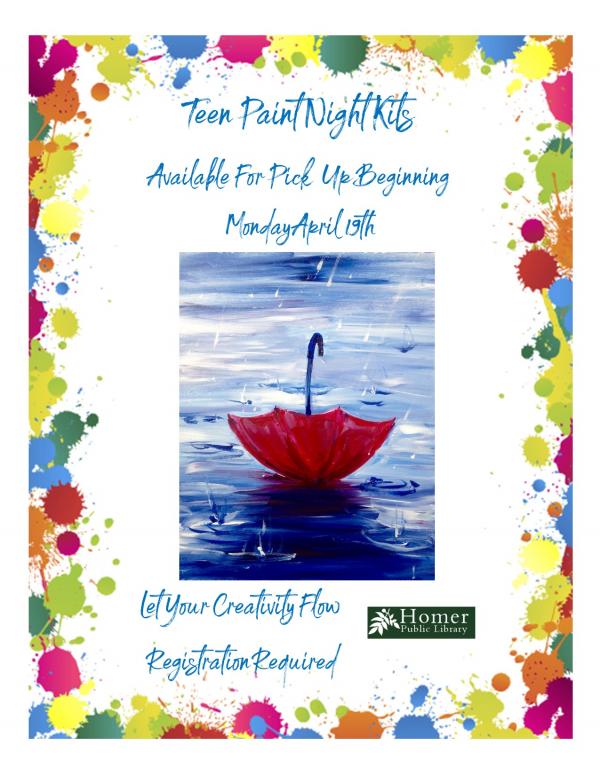 Teen Paint Night Kits - Umbrella in the Rain, Available for pickup beginning Monday, April 19th, Registration required.