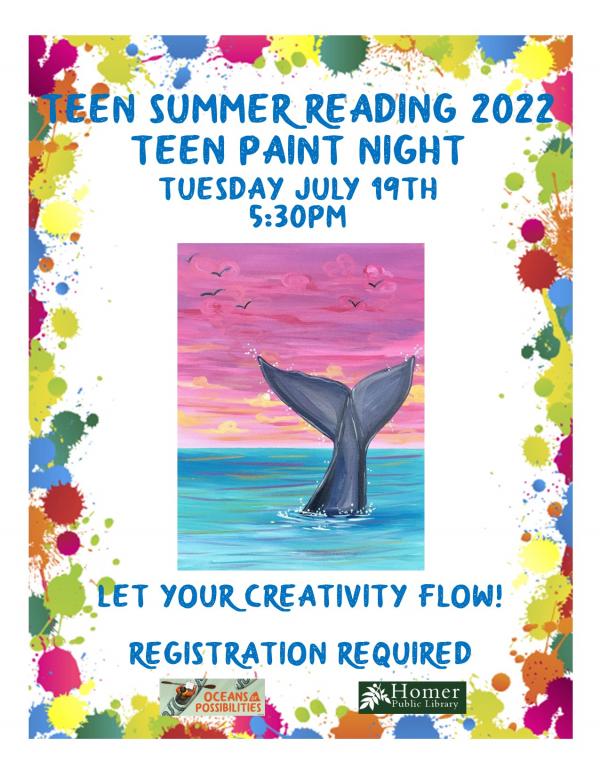 Teen Summer Reading - Teen Paint Night - Whale, Tuesday, July 19 at 5:30pm. Registration Required