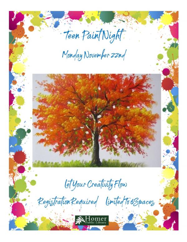 Teen Paint Night (In Person) - Monday, November 22nd at 5:30pm, Let Your Creativity Flow, Registration Required - Limited to 6 Spaces.