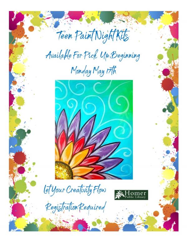 Teen Paint Night Kits, Available for pickup beginning Monday, May 17th. Registration required.