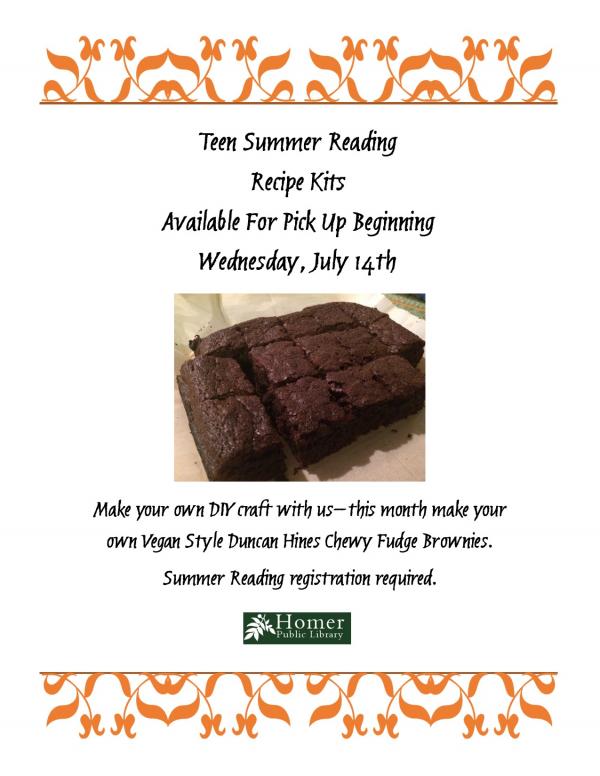 Teen Summer Reading - Recipe Kits - Vegan Style Duncan Hines Chewy Fudge Brownies - Available for pickup beginning Wednesday, July 14