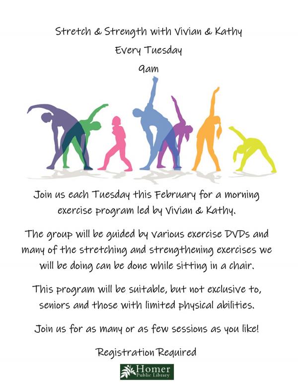 Stretch & Strength with Vivian & Kathy, every Tuesday at 9am, Suitable for seniors and those with limited physical abilities. Registration Required