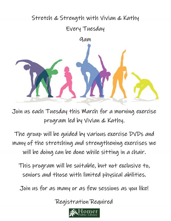 Stretch & Strength with Vivian & Kathy, every Tuesday at 9am, Suitable for seniors and those with limited physical abilities. Registration Required