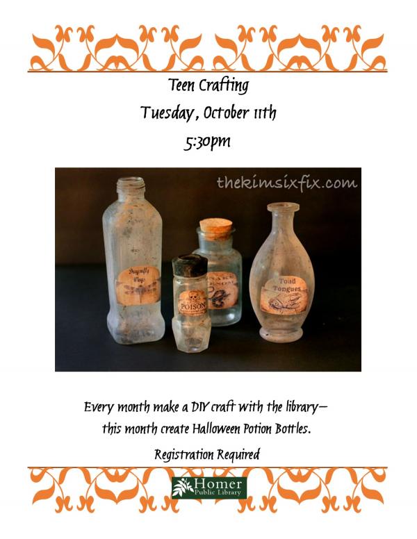 Teen Crafting - Halloween Potion Bottles, Tuesday, October 11th at 5:30pm  - Registration Required