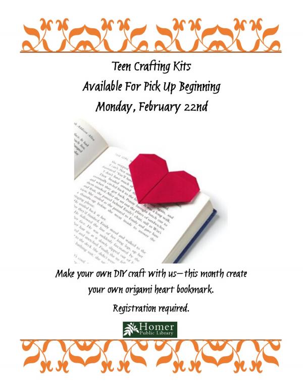 Teen Crafting Kits, Origami Heart Bookmark - Available for pickup beginning Monday, February 22nd 